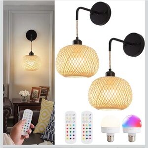 Modern Woven Rattan Wall Sconce with Remote Control